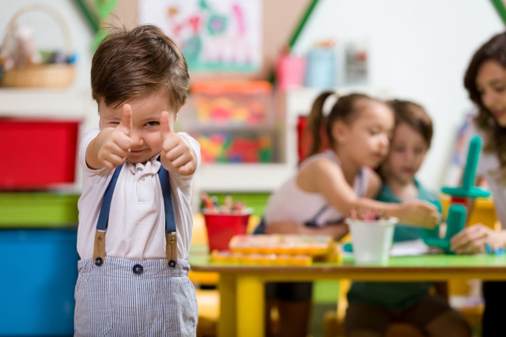 Funny child in kindergarden.